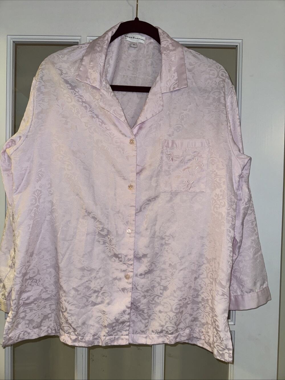 Miss Elaine Pale Pink Sateen Pajama Set Button Up Top M Cottage Damask